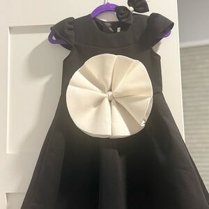 Toddler Girls Black Dress Size 5 w/ White Bow + Matching Hair Clip
